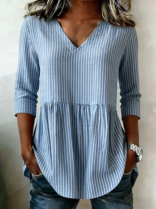 V Neck Long Sleeve Striped Regular Loose Shirt For Women