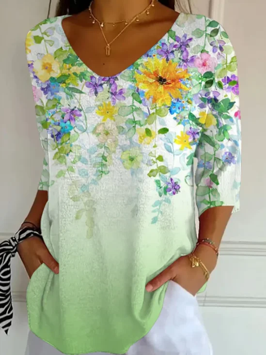 Casual Floral V Neck Three Quarter Sleeve T-shirt