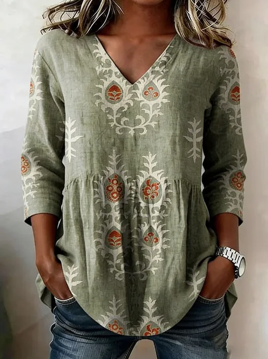 V Neck Long Sleeve Ethnic Geometry Regular Loose Shirt For Women
