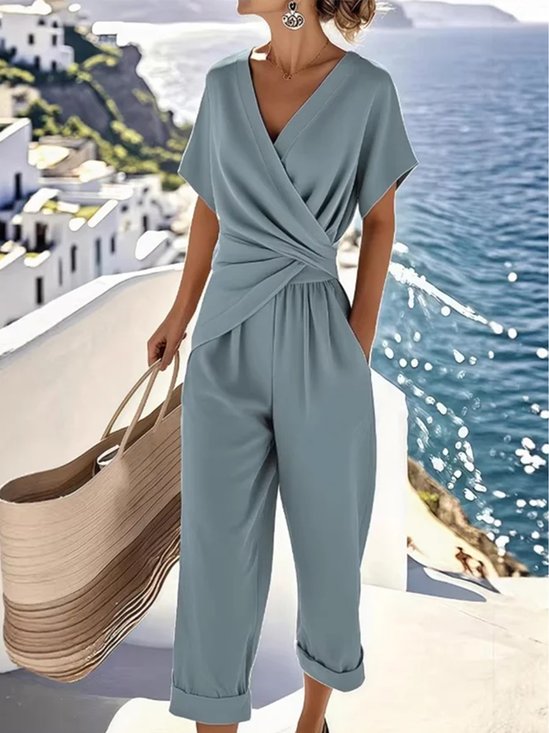 Women Plain Knot Two-Piece Set Daily Short Sleeve Casual Summer Top With Pants Matching Set