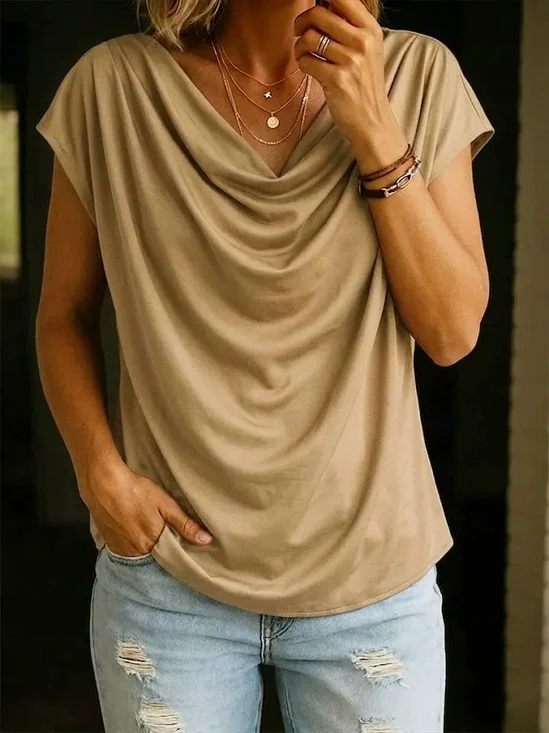 Casual Plain Cowl Neck Sleeveless T-shirt