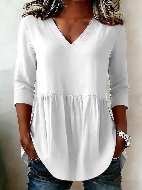 V Neck Long Sleeve Plain Regular Loose Shirt For Women
