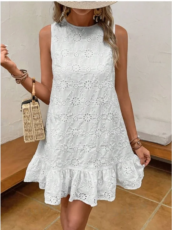 Women Plain Summer Embroidery Dress Crew Neck Short Sleeve Ruffle Skirt A-Line Dress