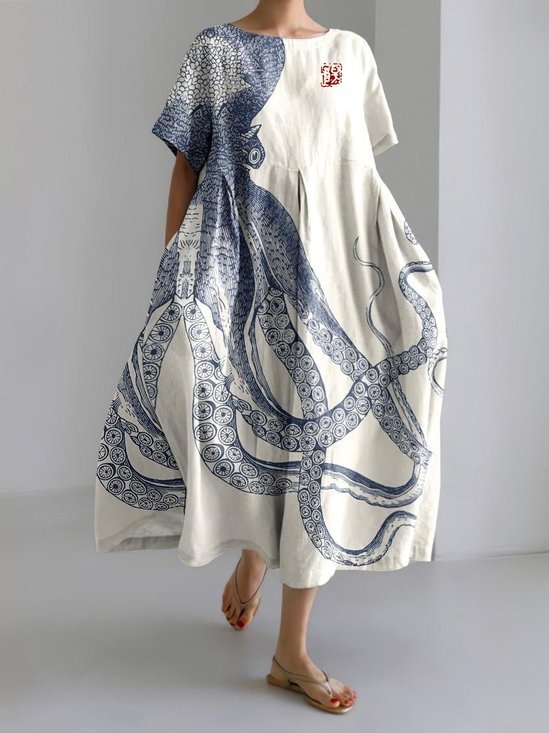 Women Marine Life Spring/Fall Dress V Neck Long Sleeve Shirt Dress A-Line Dress