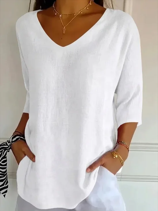 Casual Plain V Neck Three Quarter Sleeve T-shirt