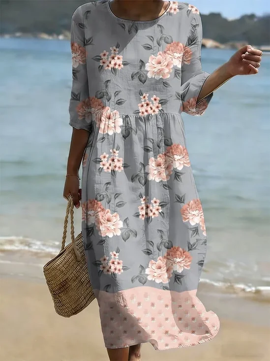 Women Floral Summer Printing
                                    Dress Crew Neck Half Sleeve H-Line
                                    Dress