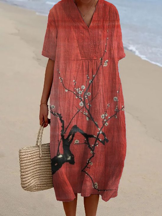 Women Floral Spring/Fall Dress V Neck Long Sleeve Shirt Dress A-Line Dress