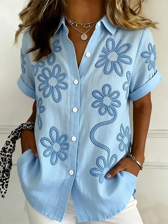Shirt Collar Short Sleeve Floral Printing Regular Micro-Elasticity Loose Button Up Shirt Shirt For Women