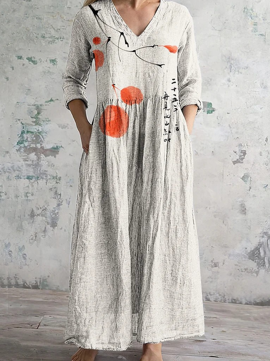 Women Floral Spring/Fall Dress V Neck Long Sleeve T-Shirt Dress A-Line Dress