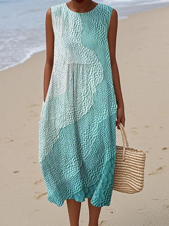 Women Ribbed Summer Dress Crew Neck Sleeveless Tank H-Line Dress