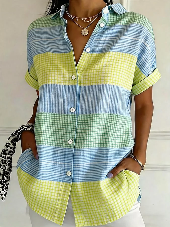 Shirt Collar Short Sleeve Striped Printing Regular Micro-Elasticity Loose Button Up Shirt Shirt For Women