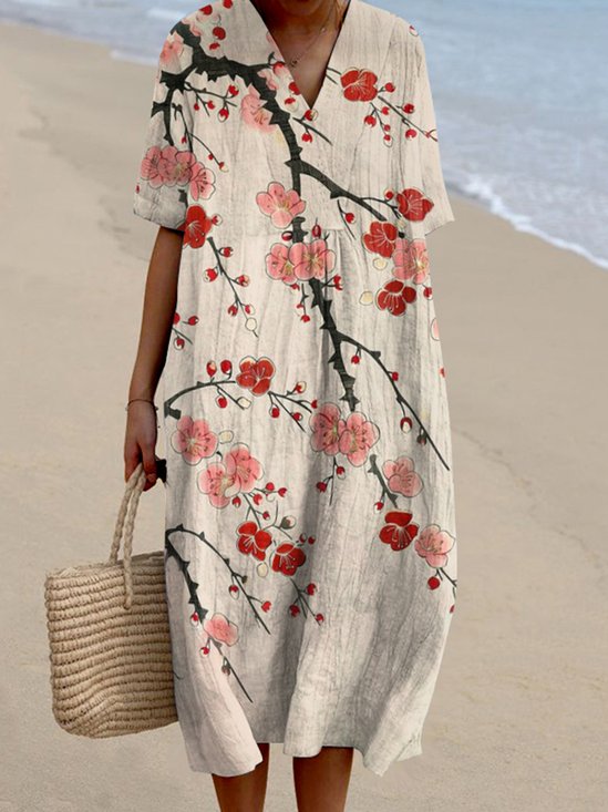 Women Floral Spring/Fall Dress
                                    V Neck Long Sleeve Shirt Dress
                                    A-Line Dress
