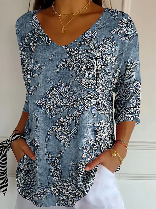 Vintage Geometric V Neck Three Quarter Sleeve T-shirt