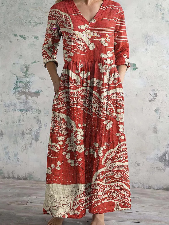 Women Floral Spring/Fall Dress V Neck Long Sleeve T-Shirt Dress A-Line Dress