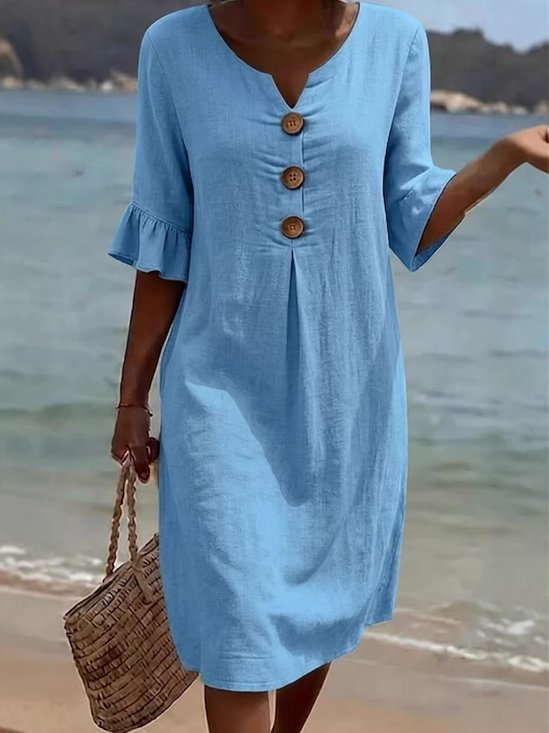 Women Plain Summer Dress V Neck Half Sleeve Fit & Flare Dress A-Line Dress