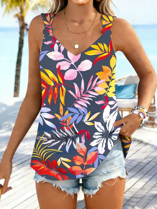 Casual V Neck Floral Tank Top