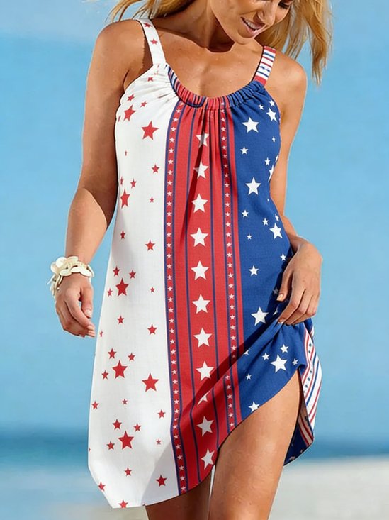 Women Striped Summer Dress Crew Neck Sleeveless Fit & Flare Dress A-Line Dress