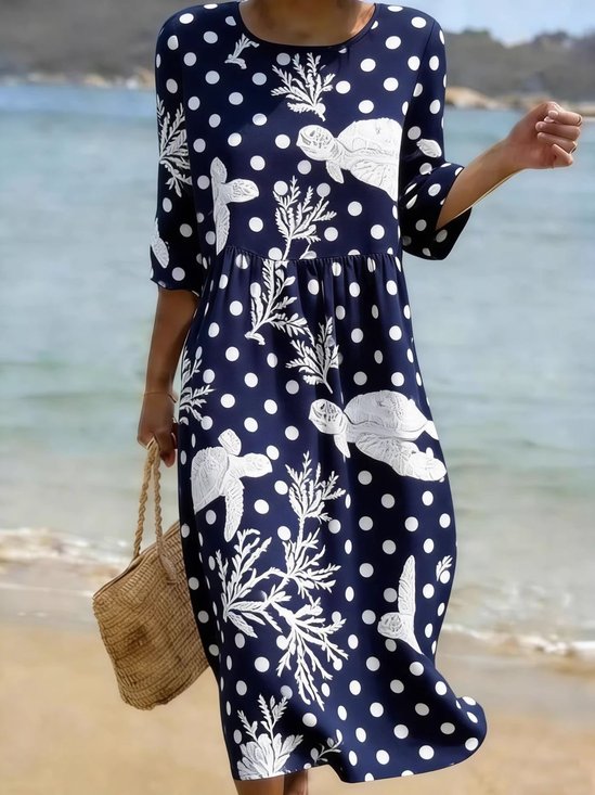 Women Polka Dots Summer Dress Crew Neck Short Sleeve Fit & Flare Dress A-Line Dress