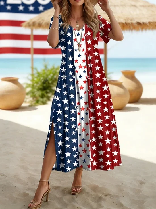 Women Floral Summer Dress V
                                    Neck Short Sleeve T-Shirt Dress
                                    A-Line Dress