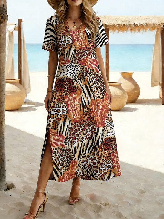 Women Leopard Summer Dress V Neck Short Sleeve T-Shirt Dress A-Line Dress