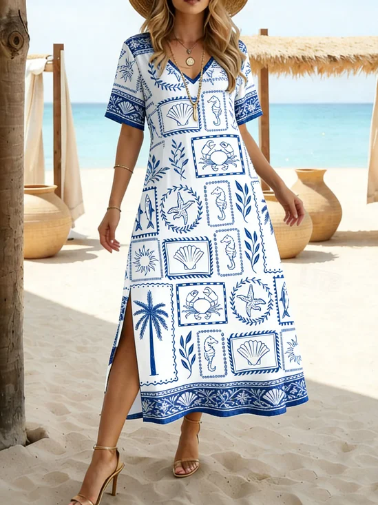 Women Shell Summer Dress V Neck
                                    Short Sleeve T-Shirt Dress A-Line
                                    Dress