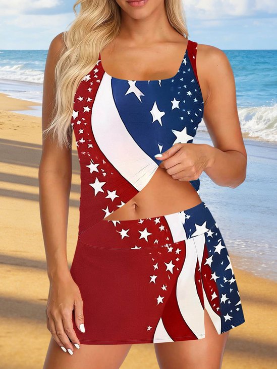 Indenpendence Day 3D Printing America Flag  Casual  3pcs Tankini With Cover Up Sets
