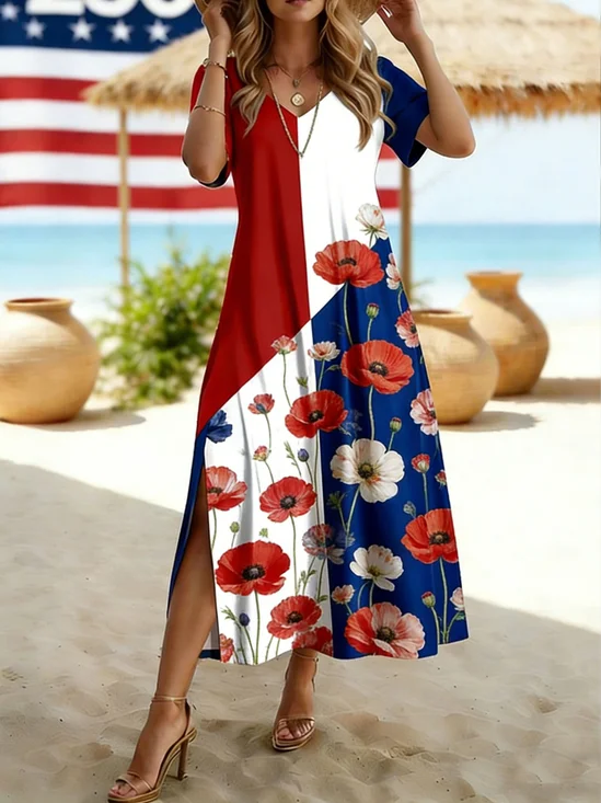 Women Floral Summer Dress V
                                    Neck Short Sleeve T-Shirt Dress
                                    A-Line Dress
