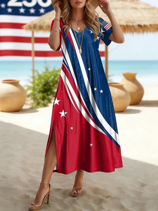 Women America Flag Summer Dress V Neck Short Sleeve T-Shirt Dress A-Line Dress