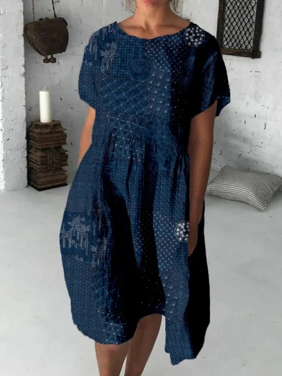 Women Geometric Summer Dress
                                    Crew Neck Short Sleeve O-Line Dress