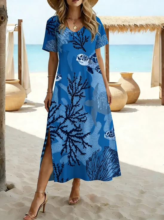 Women Shell Summer Dress V Neck
                                    Short Sleeve T-Shirt Dress A-Line
                                    Dress