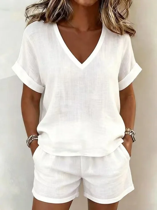 Women Plain Two-Piece Set Daily Short Sleeve Vintage Summer Top With Pants Matching Set
