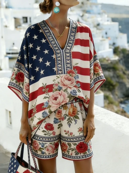 Women Floral Two-Piece Set Daily Short Sleeve Casual Summer Short Sets Matching Set