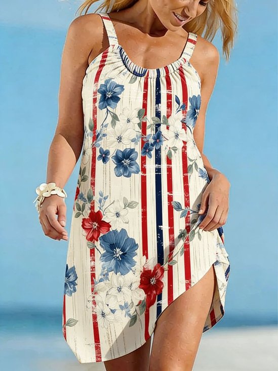 Women Striped Summer Dress Crew Neck Sleeveless Fit & Flare Dress A-Line Dress