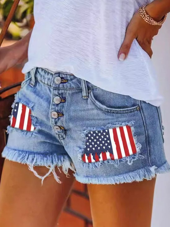 American Flag Denim Blue Straight Leg Button Fly Going Out Casual Shorts
