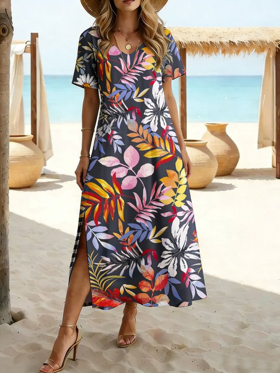 Women Leaf Summer Dress V Neck Short Sleeve T-Shirt Dress A-Line Dress