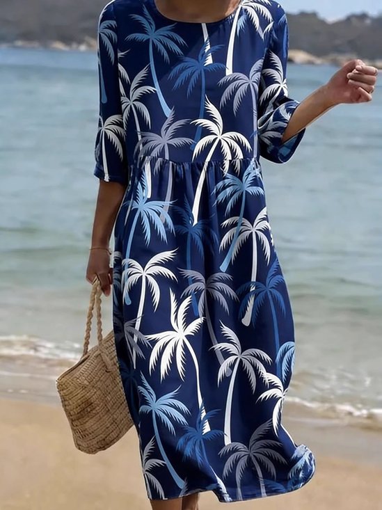 Women Tropical Summer Dress Crew Neck Short Sleeve Fit & Flare Dress A-Line Dress