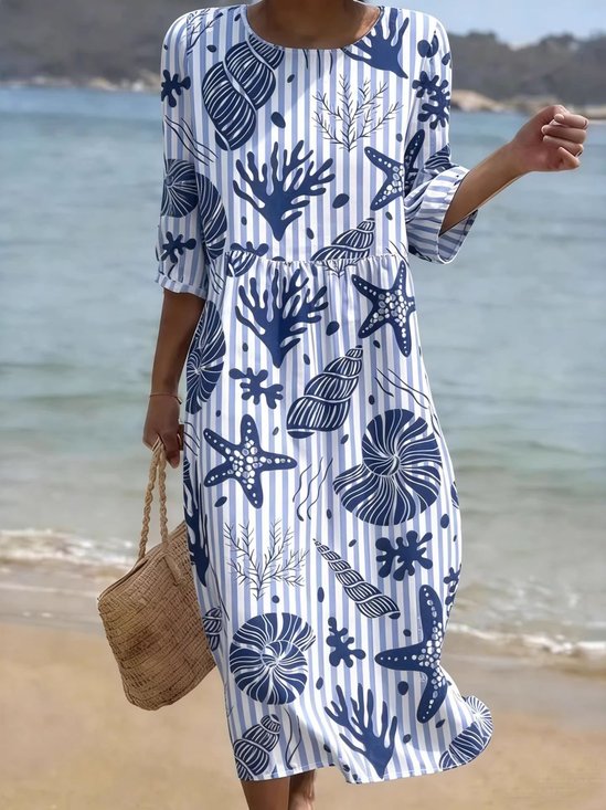 Women Striped Summer Dress Crew Neck Short Sleeve Fit & Flare Dress A-Line Dress