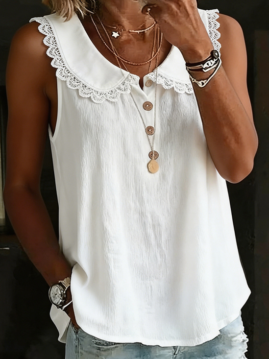 Shawl Collar Sleeveless Plain Regular Loose Shirt For Women