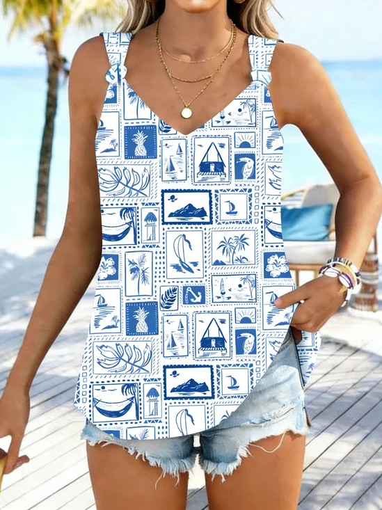 Casual V Neck Tropical Tank Top