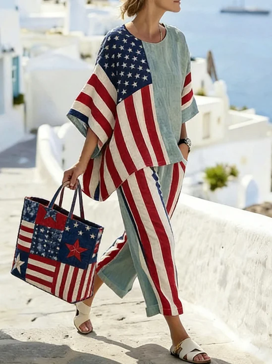 Women America Flag Two-Piece Set Daily Short Sleeve Casual Summer Top With Pants Matching Set