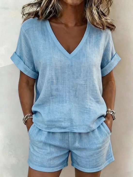 Women Plain Two-Piece Set Daily Short Sleeve Vintage Summer Top With Pants Matching Set