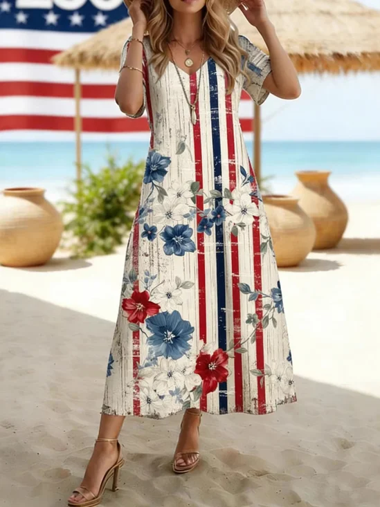 Women Striped Summer Dress V
                                    Neck Short Sleeve T-Shirt Dress
                                    A-Line Dress