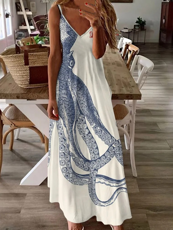 Women Marine Life Summer Dress V Neck Sleeveless Slip Dress X-Line Dress