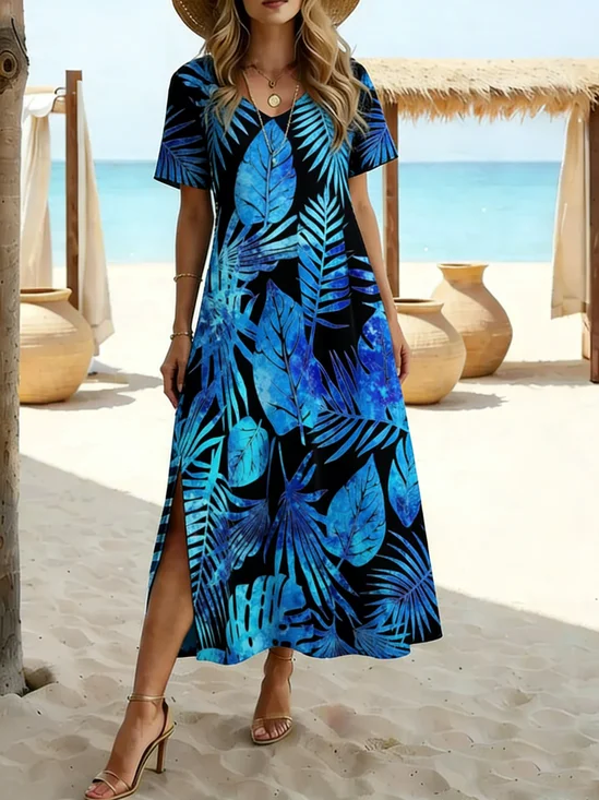 Women Tropical Summer Dress V Neck Short Sleeve T-Shirt Dress A-Line Dress