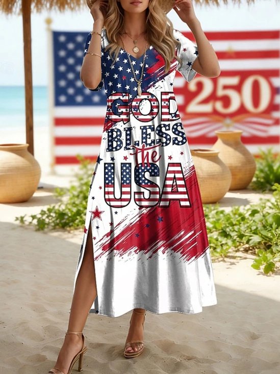 Women Text Letters Summer Dress V Neck Short Sleeve T-Shirt Dress A-Line Dress