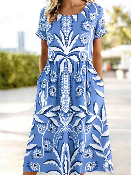 Women Floral Summer Dress Crew Neck Short Sleeve Fit & Flare Dress A-Line Dress