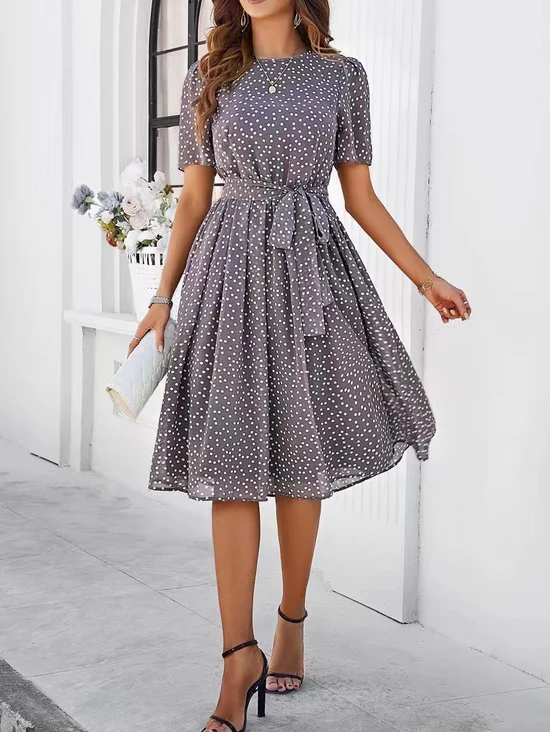 Women Polka Dots Summer Dress
                                    Crew Neck Short Sleeve A-Line Dress