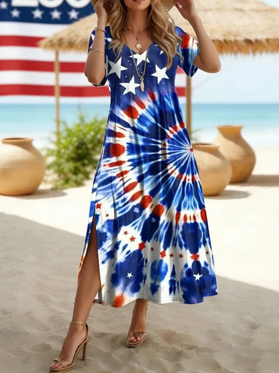 Women 3D Printing Summer Dress V Neck Short Sleeve T-Shirt Dress A-Line Dress