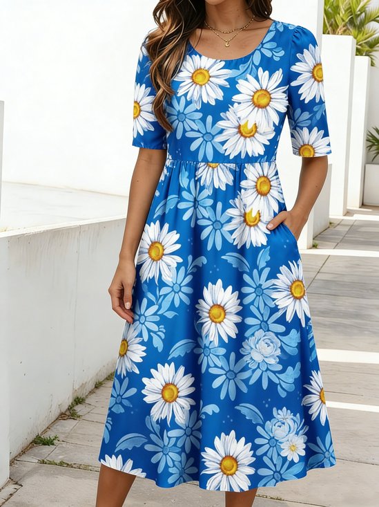 Women Floral Summer Dress Crew Neck Short Sleeve Fit & Flare Dress A-Line Dress