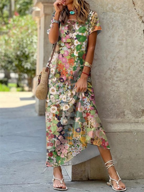 Women Floral Summer Dress Crew Neck Short Sleeve Fit & Flare Dress A-Line Dress